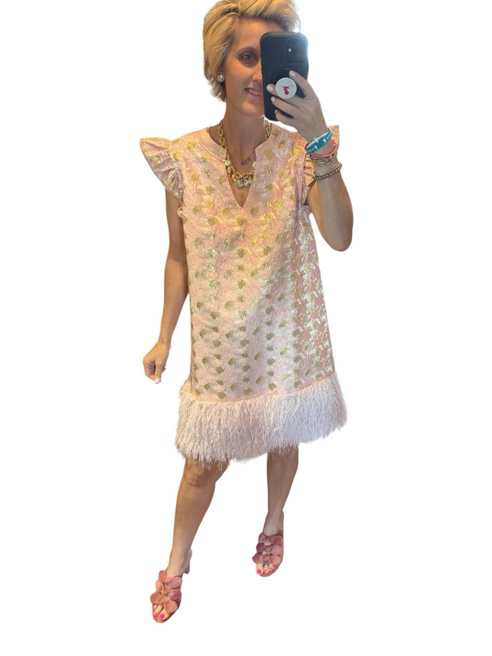 Pink Feather-Hem Mini Dress with Gold Jacquard NWT, Size L